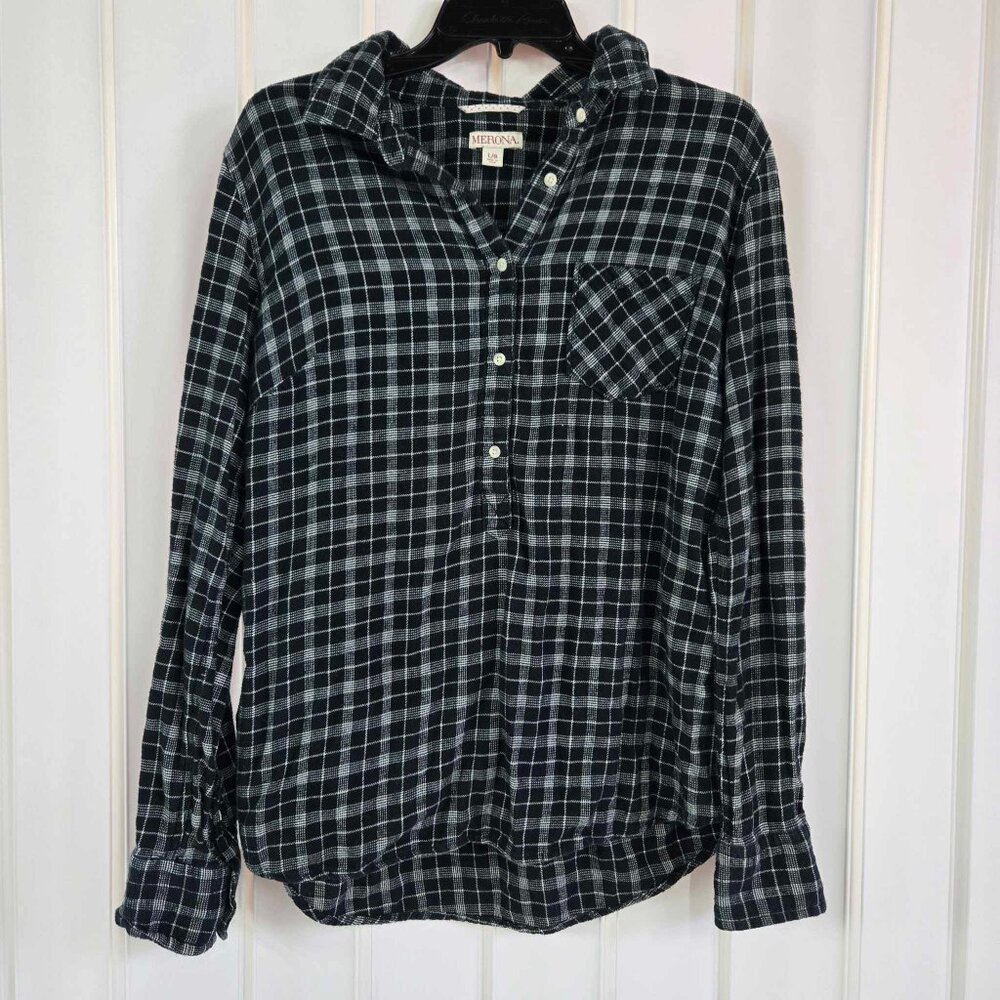 Merona Black Plaid Shirt Half  Partial Button Down Women's Large L/G 100% Cotton